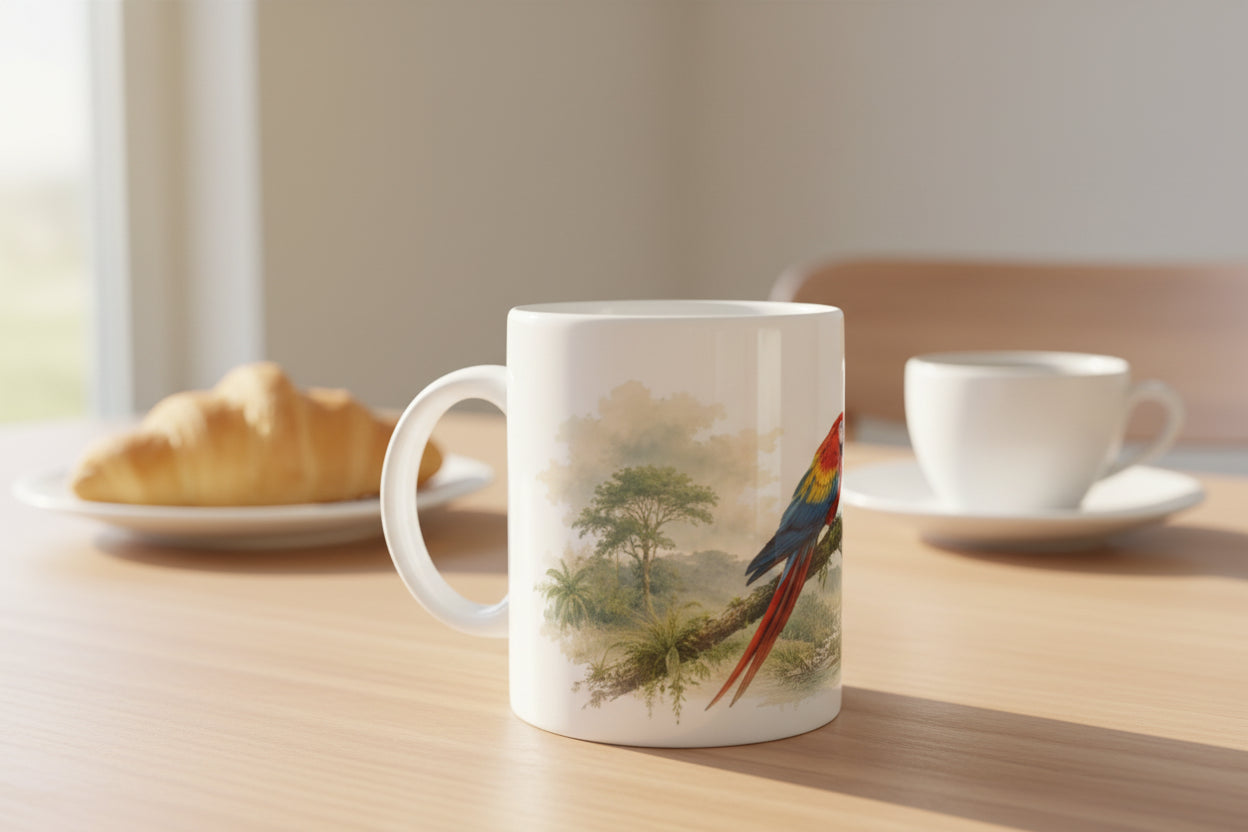 Farbenfrohe Ara Illustration mit ruhiger tropischer Landschaft im Hintergrund