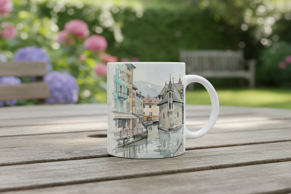 Keramiktasse fuer Frankreich Fans mit Annecy Aquarell und historischer Altstadt