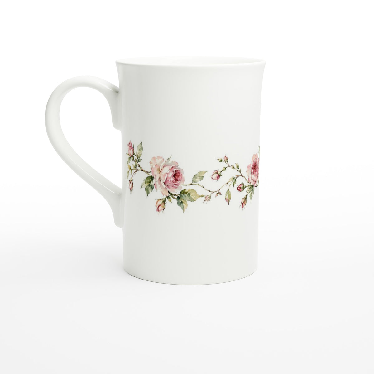 Detailansicht einer aquarellierten Rosengirlande mit geöffneten rosa Rosen, Rosenknospen und salbeigrünen Blättern