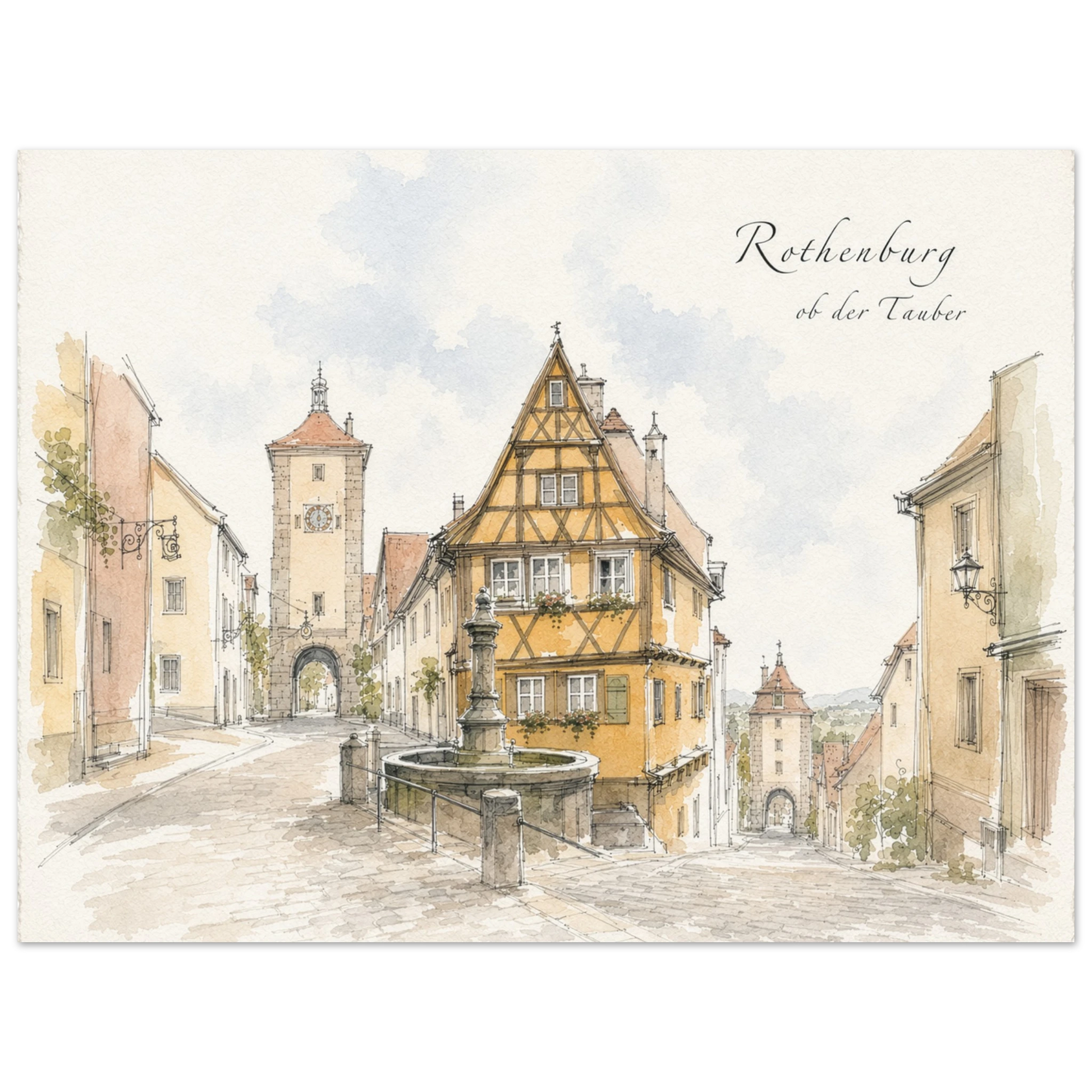 Kunstdruck mit dem Plönlein in Rothenburg ob der Tauber in sanften Aquarellfarben