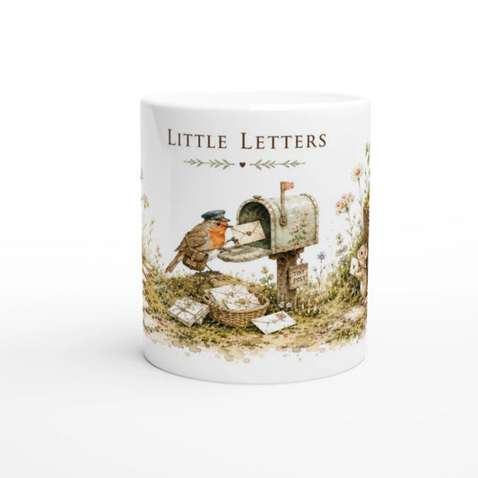 Rotkehlchen Tasse 330 ml mit Maus, nostalgischem Briefkasten, Baumstumpfhaus und detailreichem Gartenmotiv im Aquarellstil