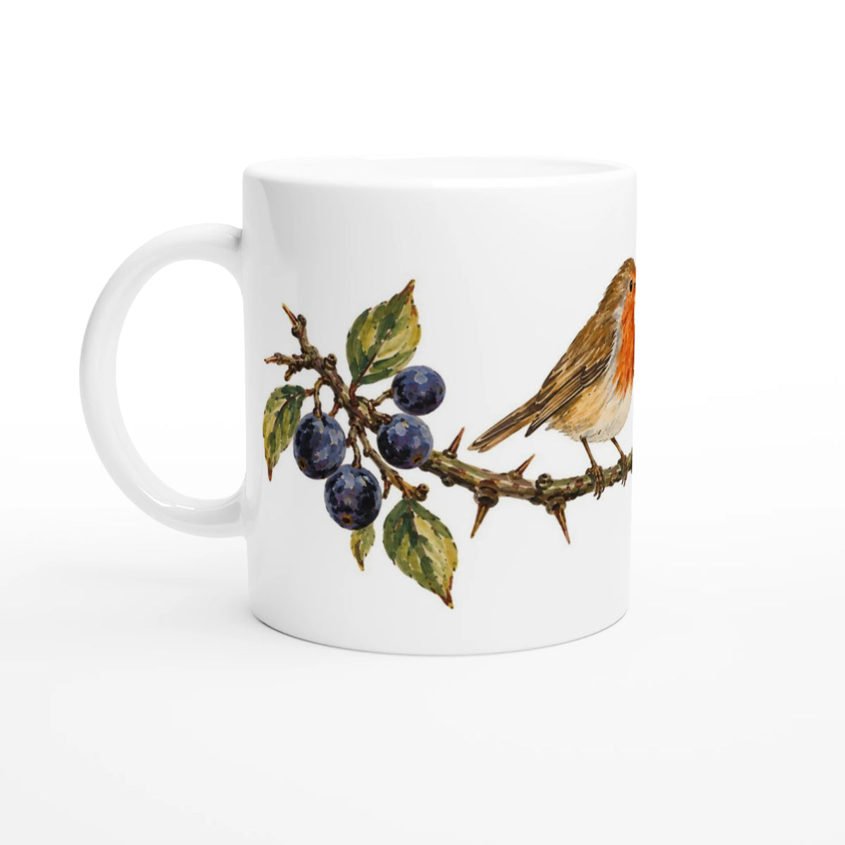 Illustration eines Rotkehlchens mit orangefarbener Brust auf einem Schlehenzweig mit dunklen Beeren, Dornen und wenigen grünen Blättern.