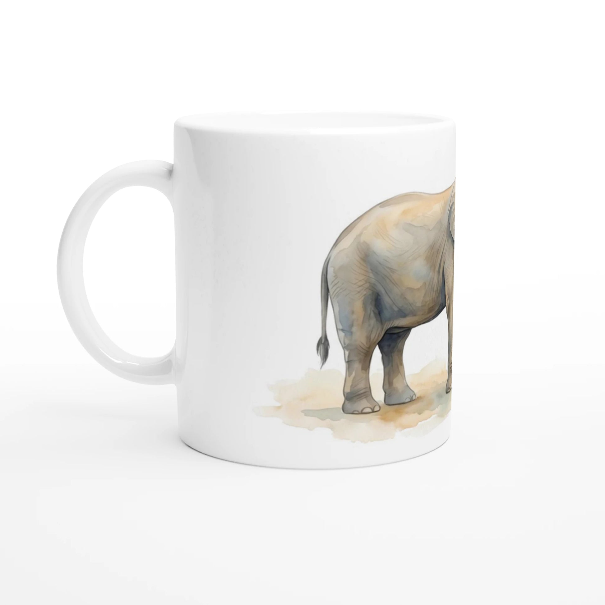 Keramiktasse mit Elefant und Jungtier als sanftes Aquarellmotiv in natürlichen Farben