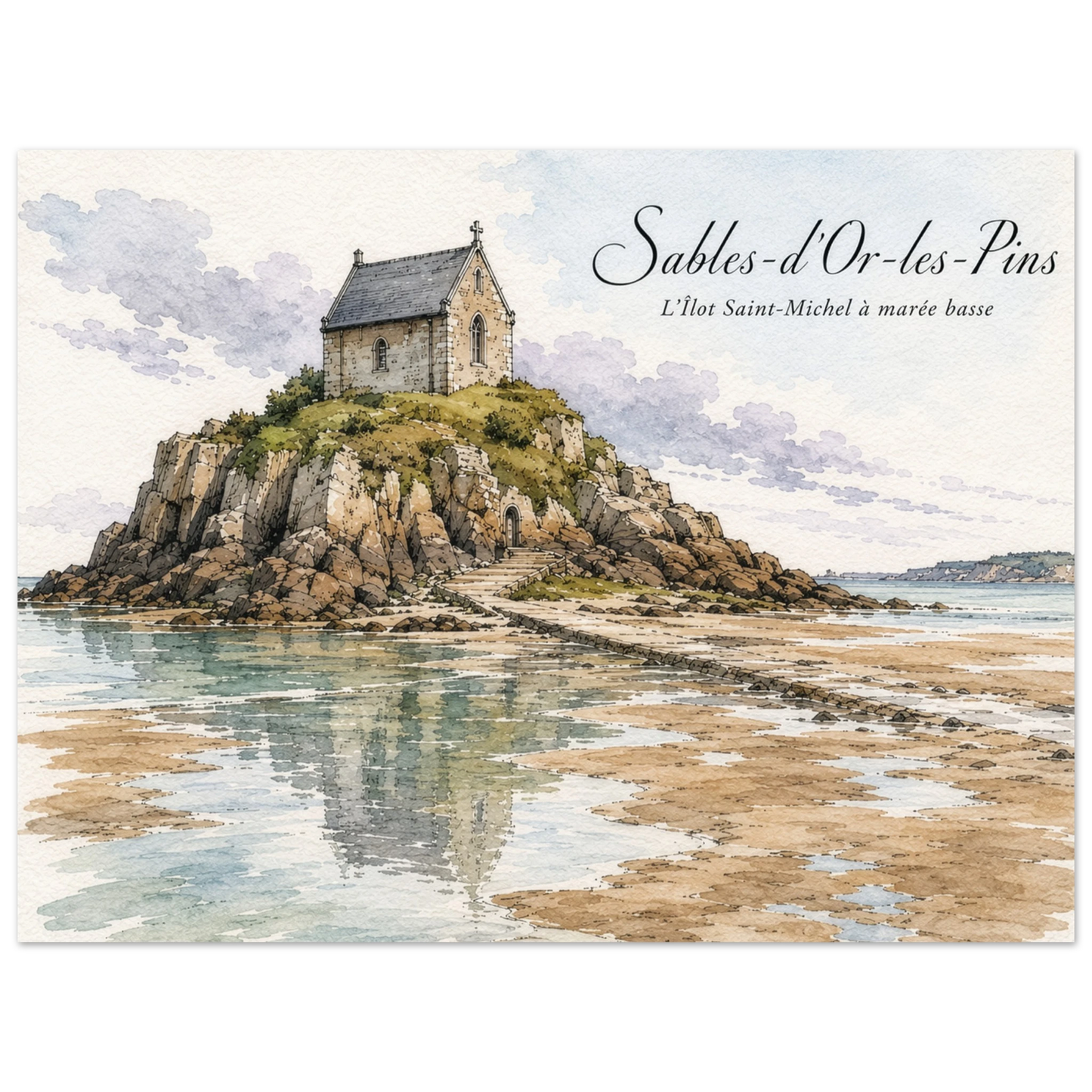 Sables-d’Or-les-Pins Kunstdruck mit dem Îlot Saint-Michel, seiner kleinen Kapelle und freigelegten Sandflächen bei Ebbe im Aquarellstil