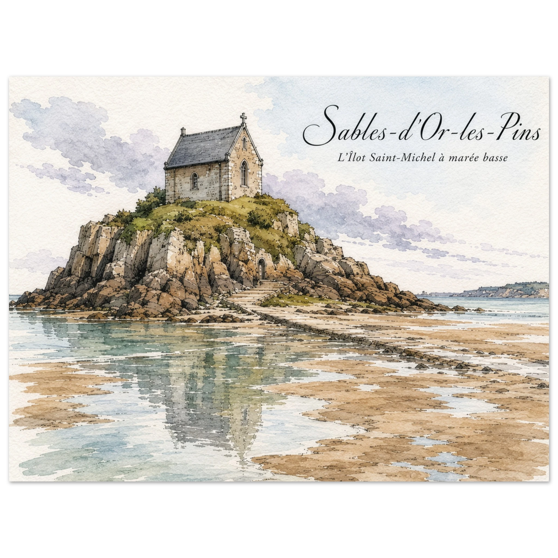 Sables-d’Or-les-Pins Kunstdruck mit dem Îlot Saint-Michel, seiner kleinen Kapelle und freigelegten Sandflächen bei Ebbe im Aquarellstil