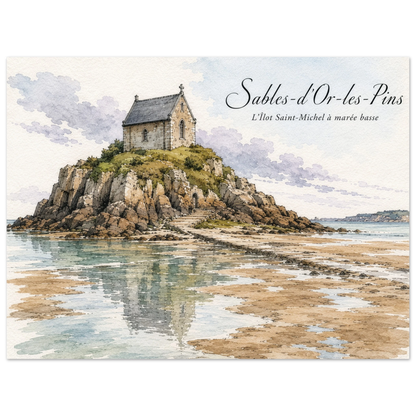 Sables-d’Or-les-Pins Kunstdruck mit dem Îlot Saint-Michel, seiner kleinen Kapelle und freigelegten Sandflächen bei Ebbe im Aquarellstil