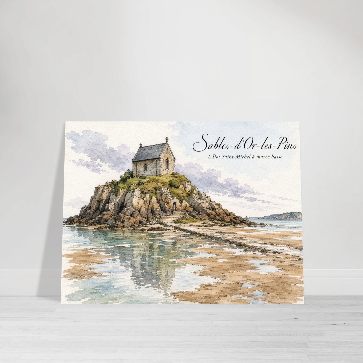 Sables-d’Or-les-Pins Wandbild mit bretonischer Küstenlandschaft und Îlot Saint-Michel als ruhige maritime Dekoration für Wohnräume