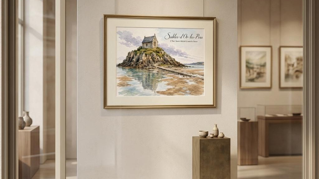Sables-d’Or-les-Pins Wandbild mit bretonischer Küstenlandschaft und Îlot Saint-Michel als ruhige maritime Dekoration für Wohnräume