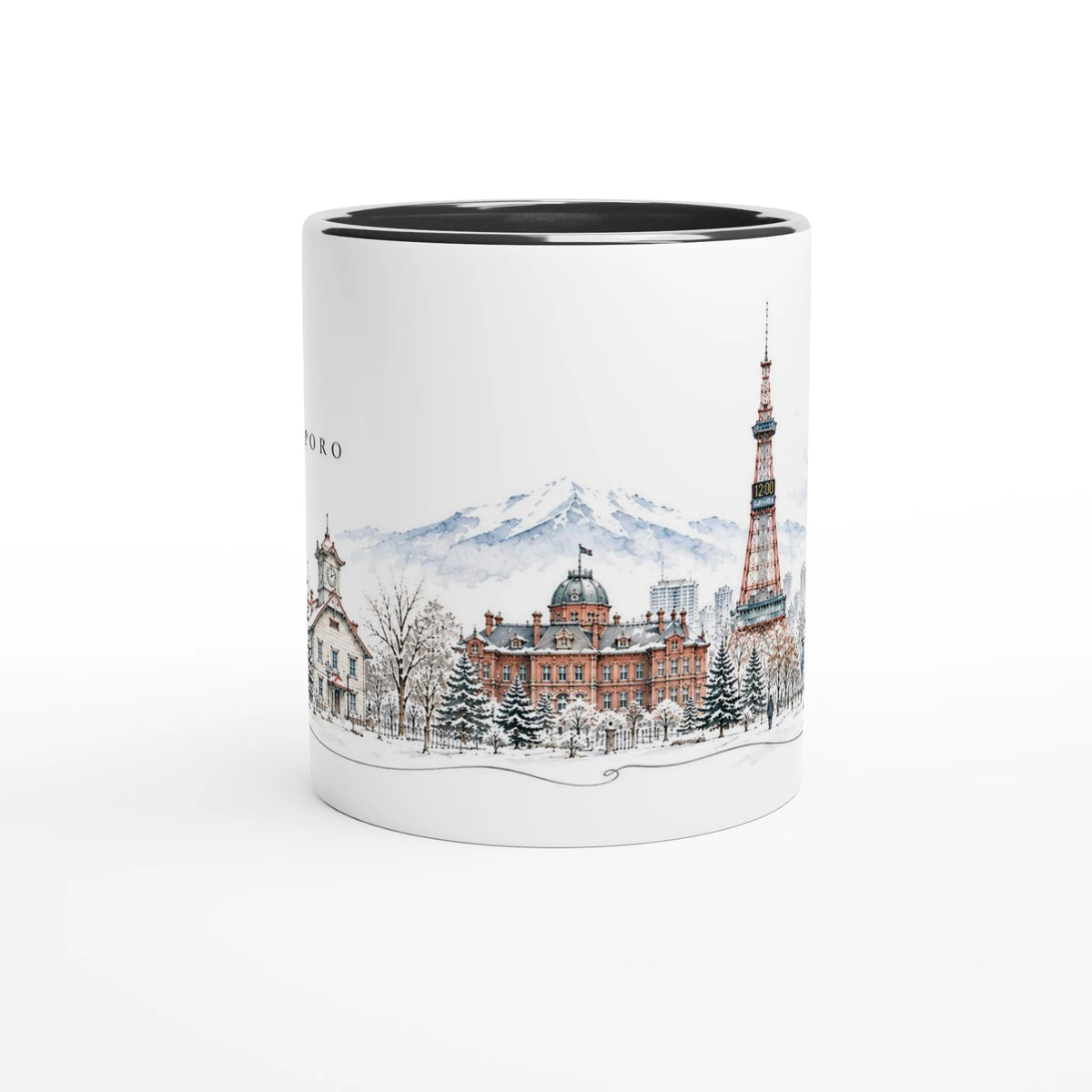 Detailreiche Aquarellillustration der Architektur von Sapporo mit historischem Uhrturm, Fassaden und markantem Fernsehturm
