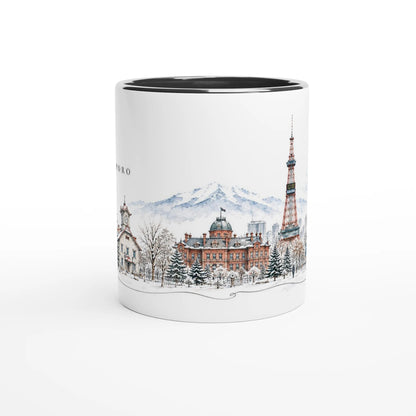 Detailreiche Aquarellillustration der Architektur von Sapporo mit historischem Uhrturm, Fassaden und markantem Fernsehturm