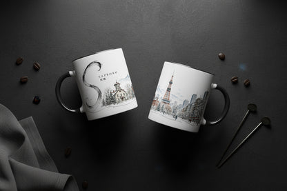 Feines frei gemaltes Tusche-S neben der Sapporo Stadtillustration im japanisch inspirierten Stil der Serie Sakura & Steel