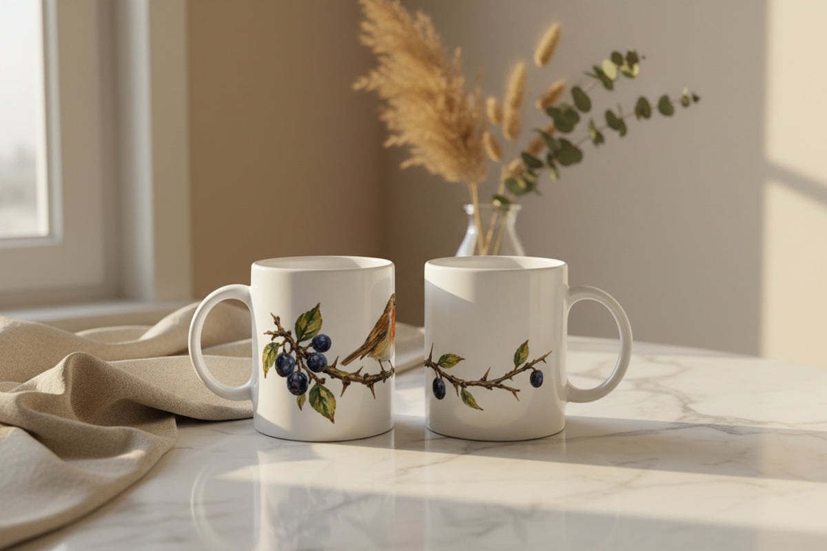 Botanische Illustration mit Rotkehlchen, Schlehenbeeren, Dornen und Blättern als detailreiches Naturmotiv auf einer weißen Keramiktasse.