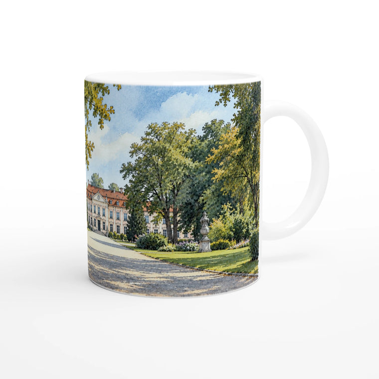 Künstlerische Berlin Illustration von Schloss Friedrichsfelde zwischen historischem Bauwerk, gepflegter Parklandschaft und sommerlichem Stadtgrün.