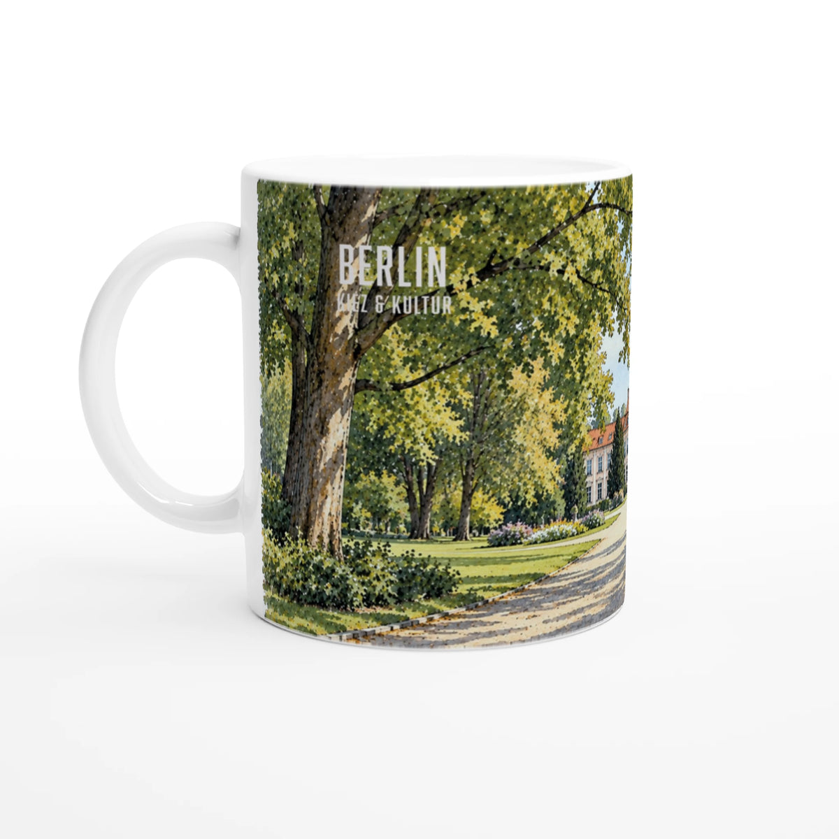Keramiktasse mit Schloss Friedrichsfelde als Geschenkidee für Berlin-Liebhaber, Architekturfreunde, Parkbesucher und Freunde historischer Orte.