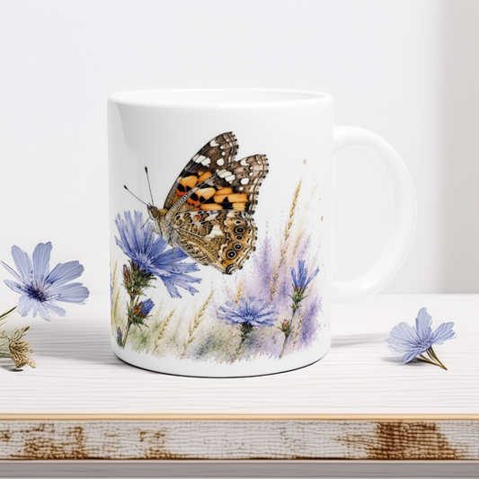 Sommerliches Naturmotiv mit Schmetterling, Blüten und feinen Gräsern