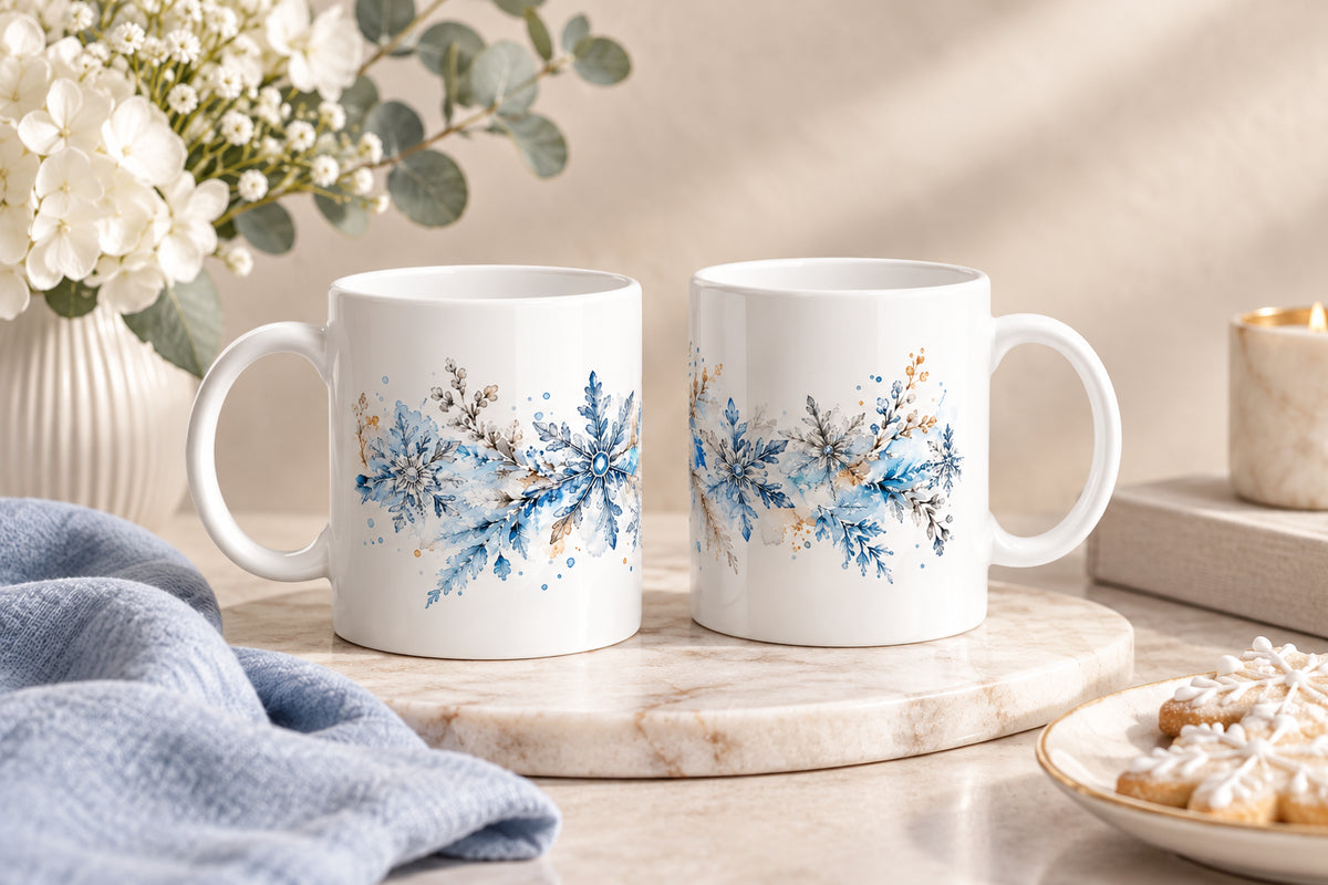Breite Aquarellillustration mit unterschiedlich großen Schneeflocken, Eiskristallen, frostigen Zweigen und eisblauen Farbflächen