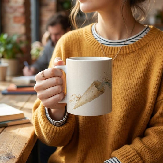 Aquarell Tasse mit Papierboot, Wellen und kleinen Entdeckungen zum Schulanfang