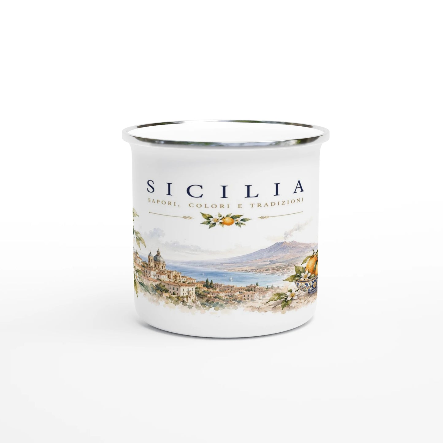 Mediterrane Stadtansicht mit Orangenzweigen im Aquarellstil