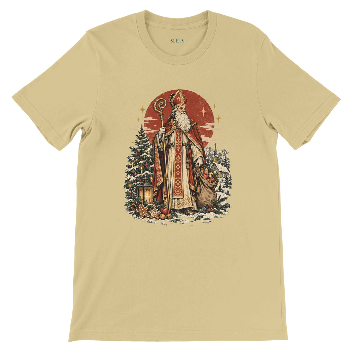 St. Nicholas T-Shirt in Weiche Creme mit traditioneller Nikolausdarstellung und detailreicher Vintage-Illustration für Nikolaustag, Winter und Weihnachtszeit