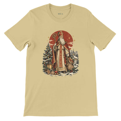St. Nicholas T-Shirt in Weiche Creme mit traditioneller Nikolausdarstellung und detailreicher Vintage-Illustration für Nikolaustag, Winter und Weihnachtszeit