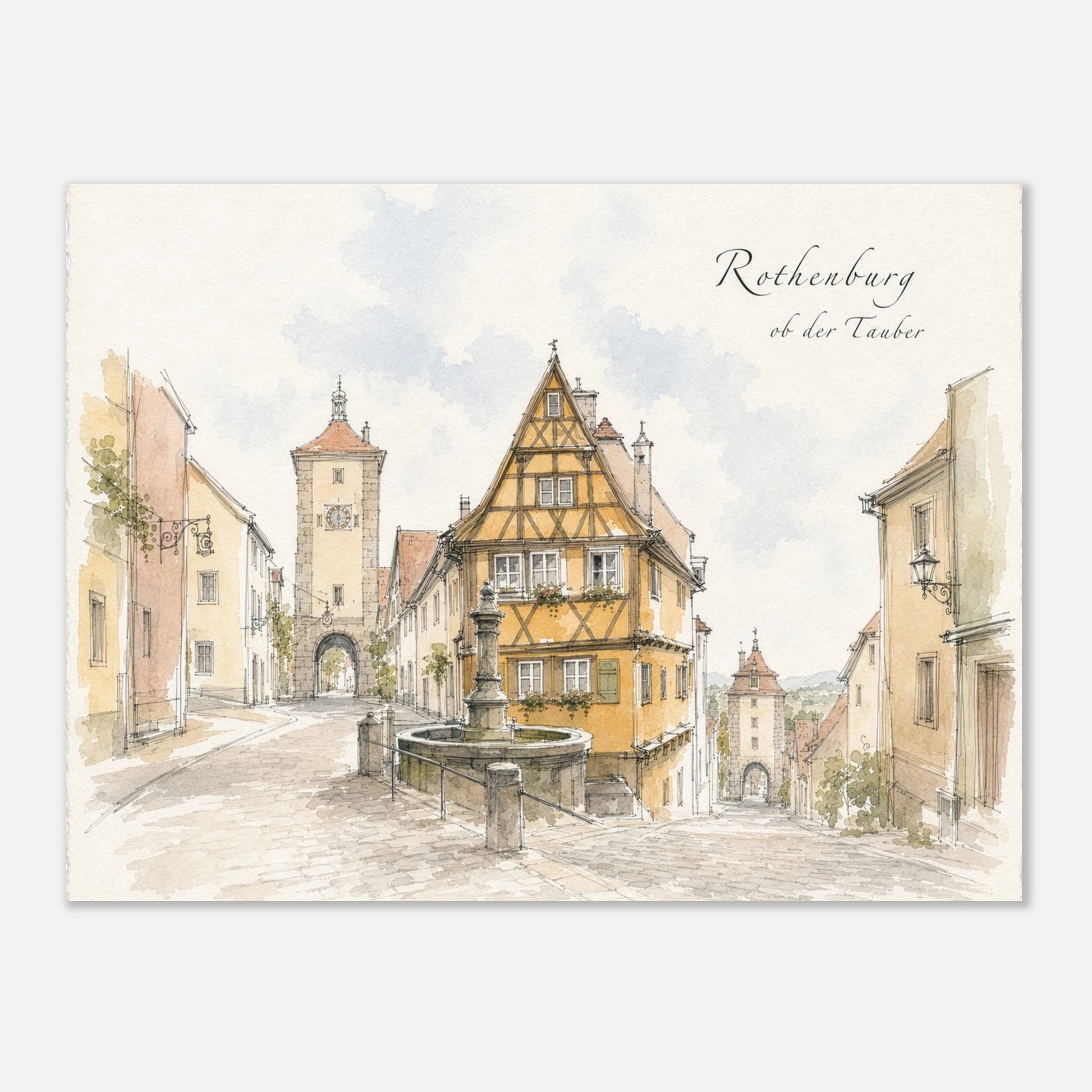 Atmosphärisches Rothenburg-Wandbild mit historischem Plönlein in Aquarelloptik
