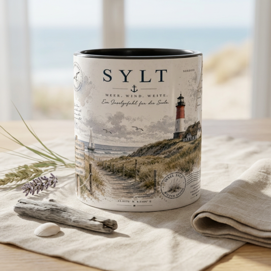 Sylt Black Edition Tasse 330 ml mit schwarzem Henkel, Leuchtturm Illustration und nordischem Küstenmotiv