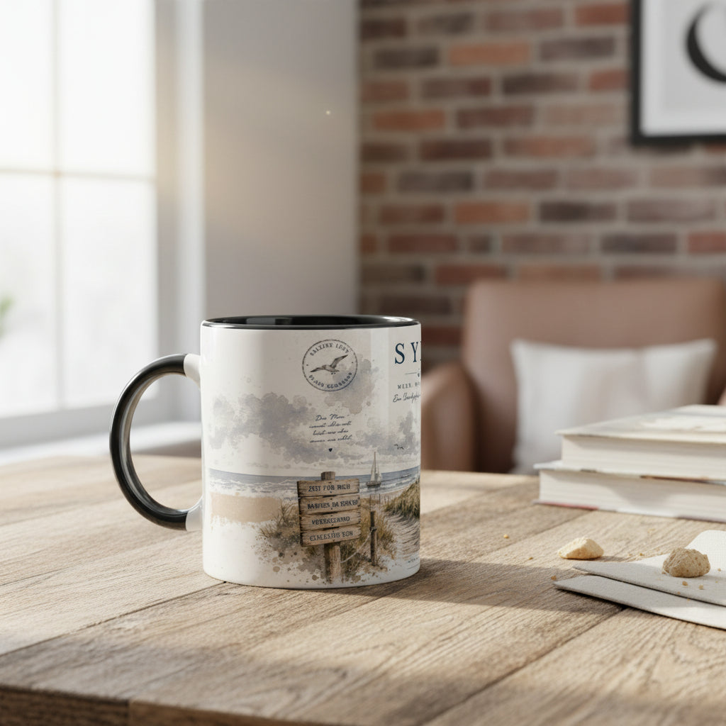 Sylt Black Edition Tasse 330 ml mit schwarzem Henkel, Leuchtturm Illustration und nordischem Küstenmotiv