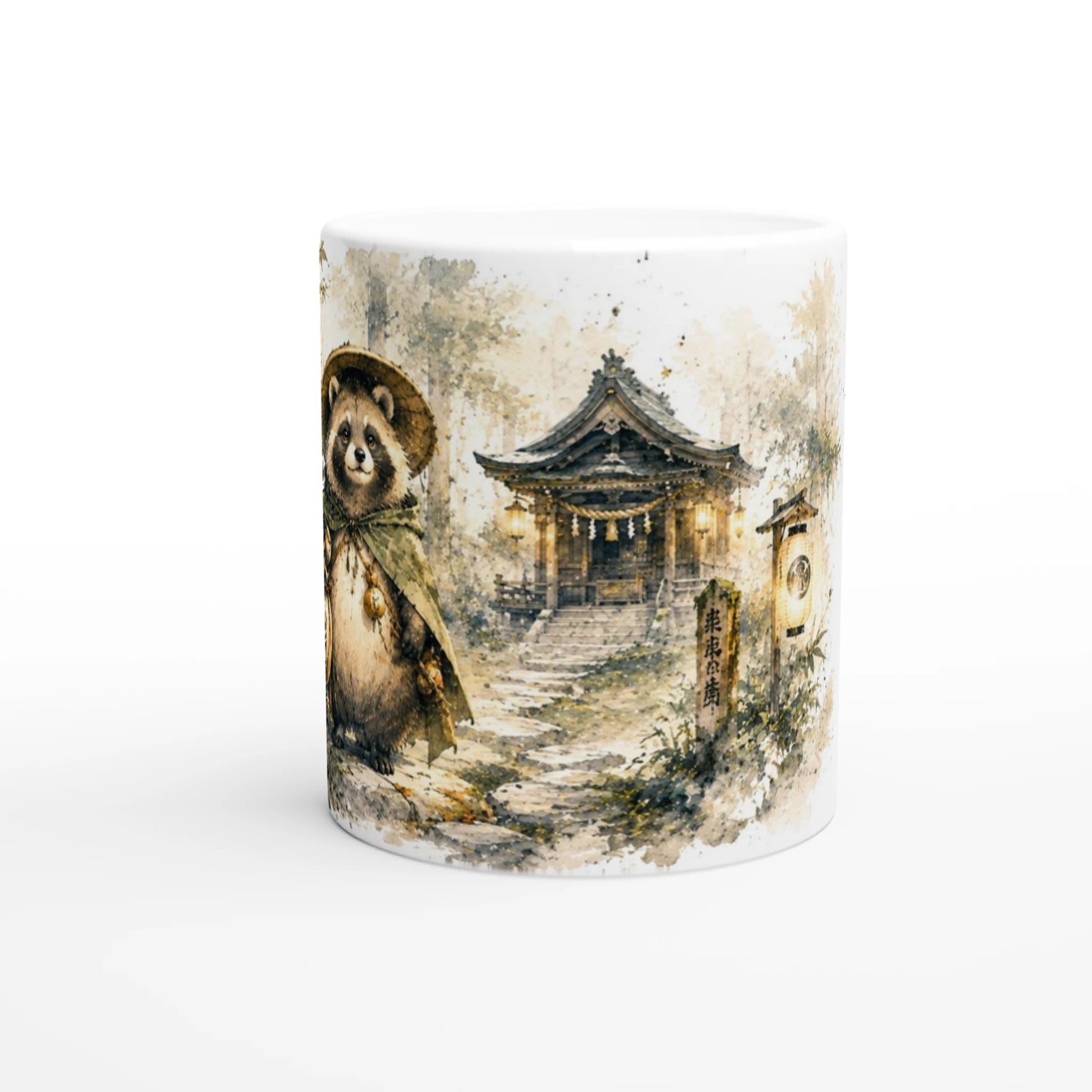 Tanuki Motiv mit Schrein und warmem Laternenlicht