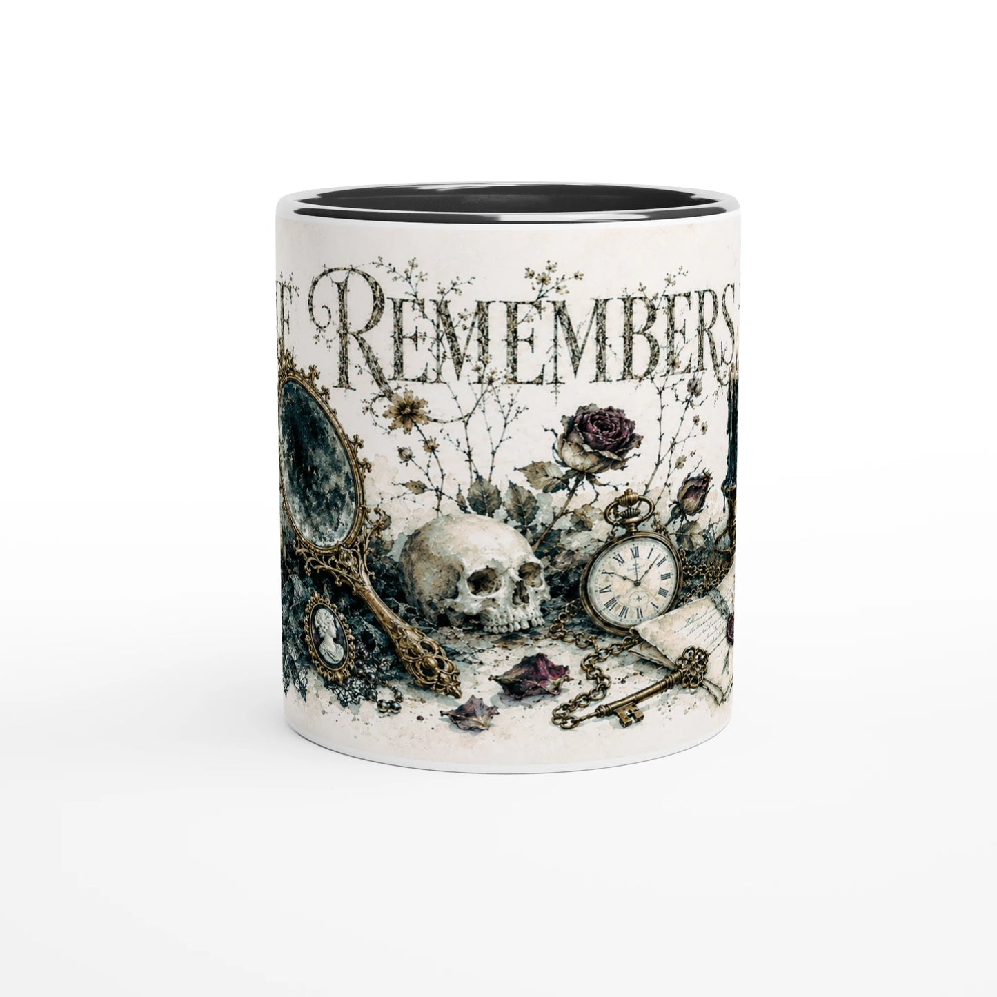 Vanitas Tasse mit dunklen Rosen, alten Briefen, Schlüssel und ornamentalen Seitenrahmen