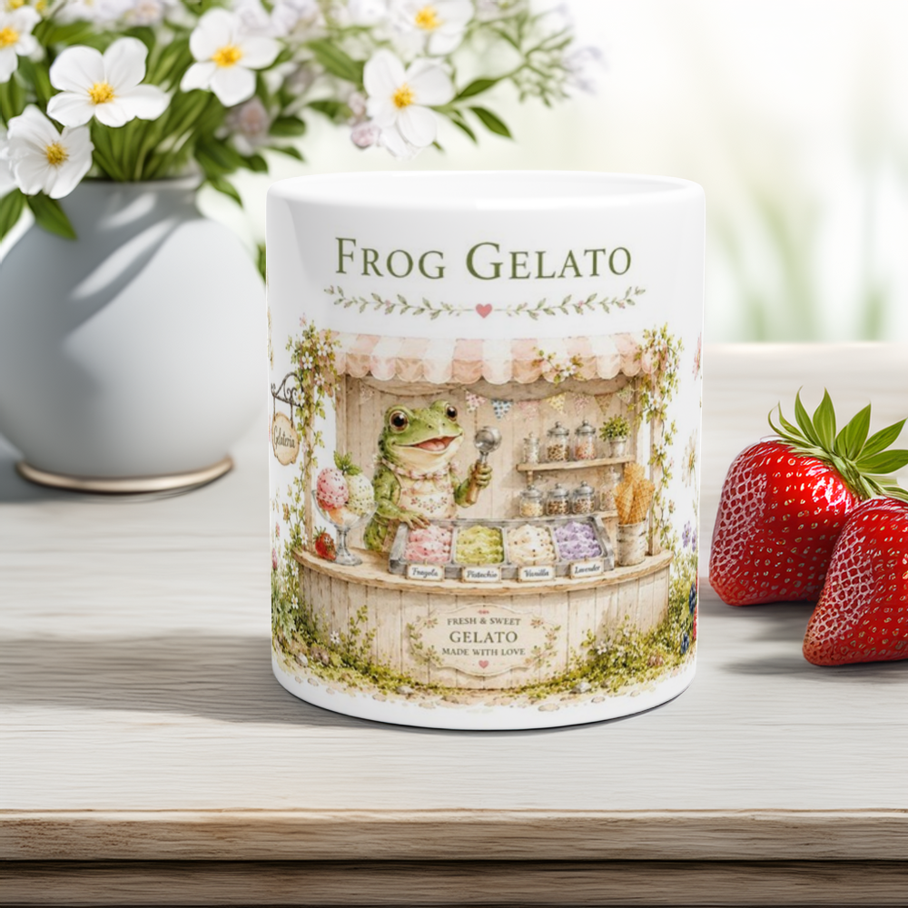 Niedlicher Frosch serviert Gelato an einer liebevoll gestalteten Gelateria zwischen Wildblumen und Erdbeeren