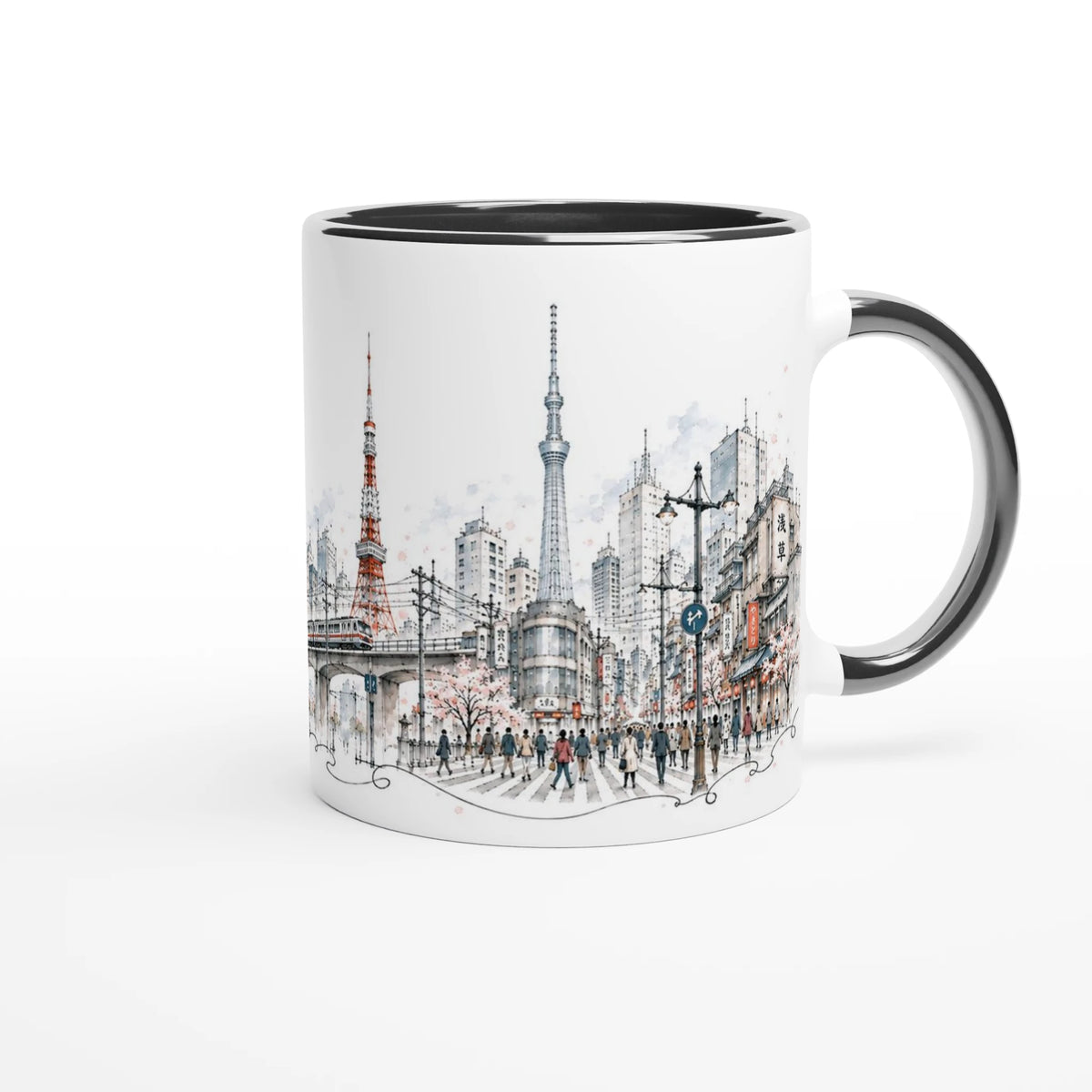 Tokyo Aquarellillustration mit Hochbahn, dichter Stadtarchitektur, Fußgängern und moderner japanischer Großstadtatmosphäre