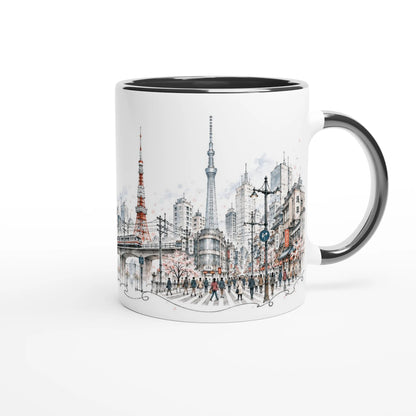 Tokyo Aquarellillustration mit Hochbahn, dichter Stadtarchitektur, Fußgängern und moderner japanischer Großstadtatmosphäre