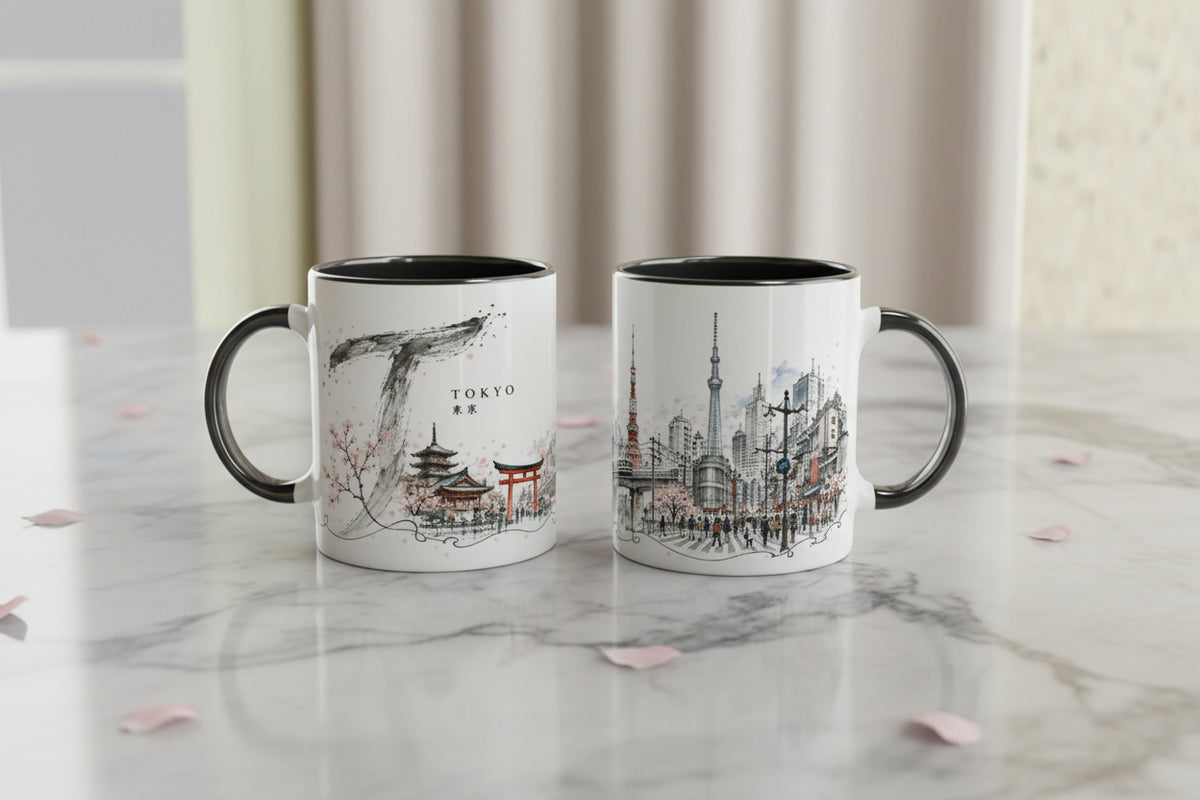 Detailreiche Tokyo Illustration mit Tokyo Tower, Tokyo Skytree, Hochhäusern und urbaner japanischer Skyline
