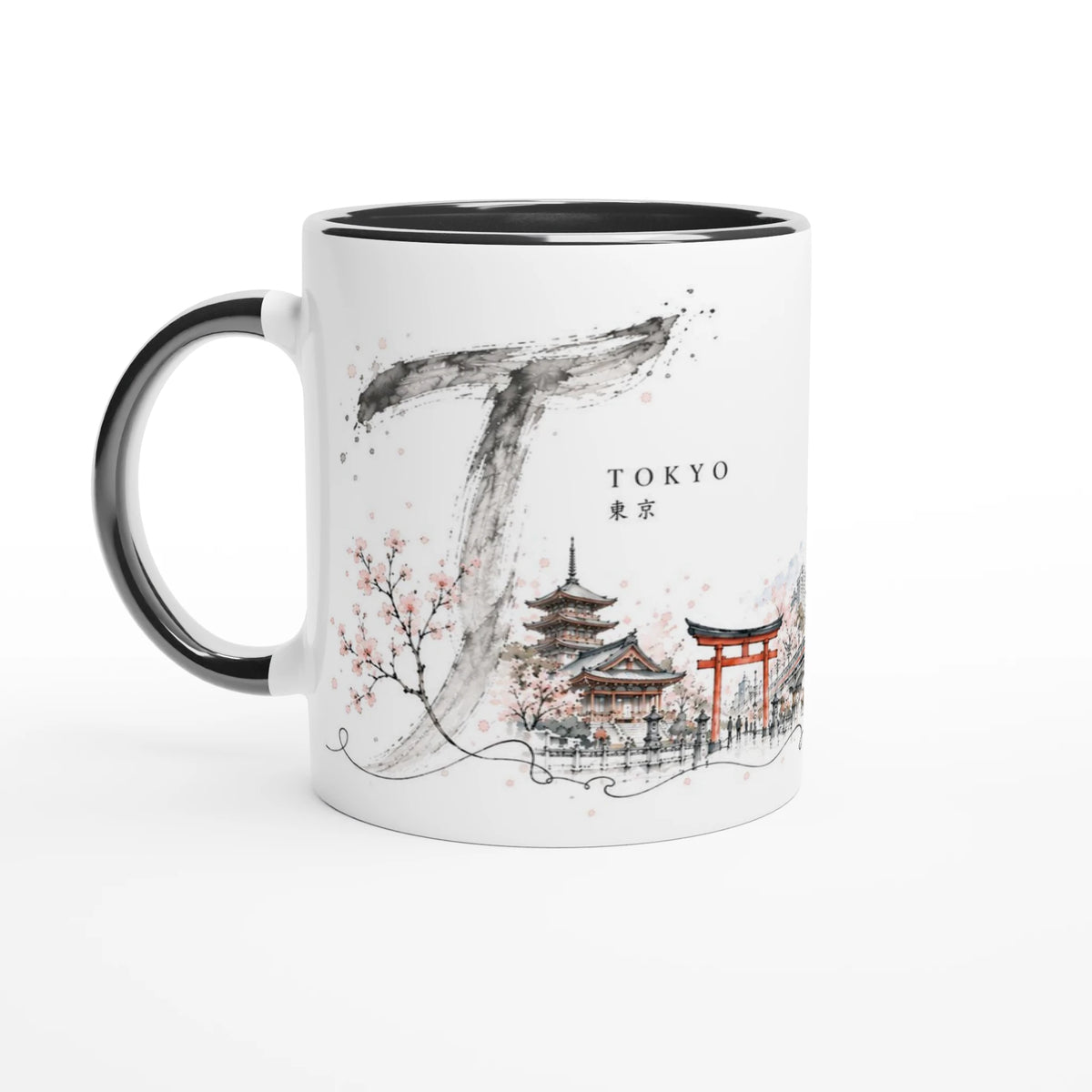 Weiße 330 ml Keramiktasse mit Tokyo Aquarellillustration, Torii, Kirschblüten, Skyline und großem Tusche-T aus der Serie Sakura & Steel