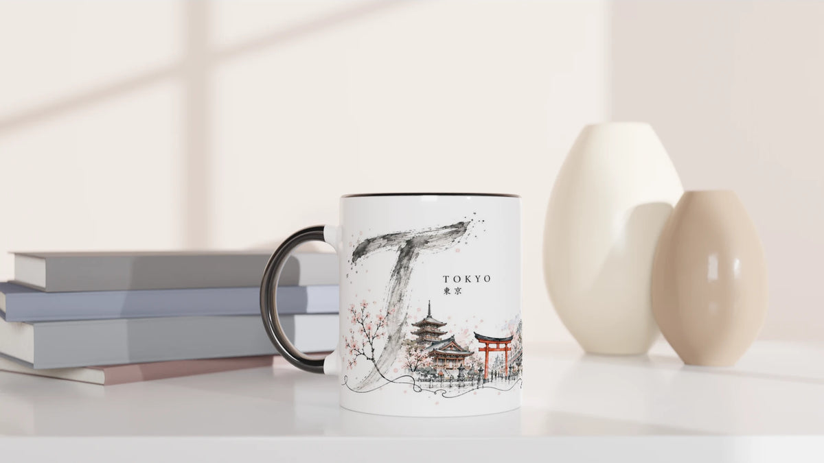 Aquarellmotiv von Tokyo mit Torii, Pagode, Kirschblüten und traditioneller japanischer Architektur im Vordergrund