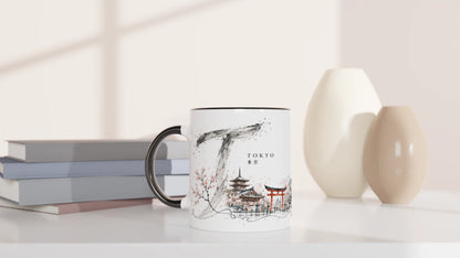 Aquarellmotiv von Tokyo mit Torii, Pagode, Kirschblüten und traditioneller japanischer Architektur im Vordergrund