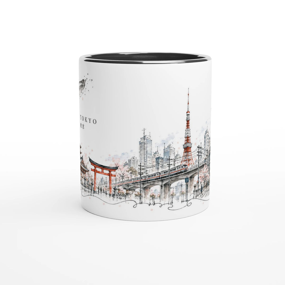 Großes frei gemaltes Tusche-T neben der Tokyo Stadtillustration im japanisch inspirierten Stil der Serie Sakura & Steel