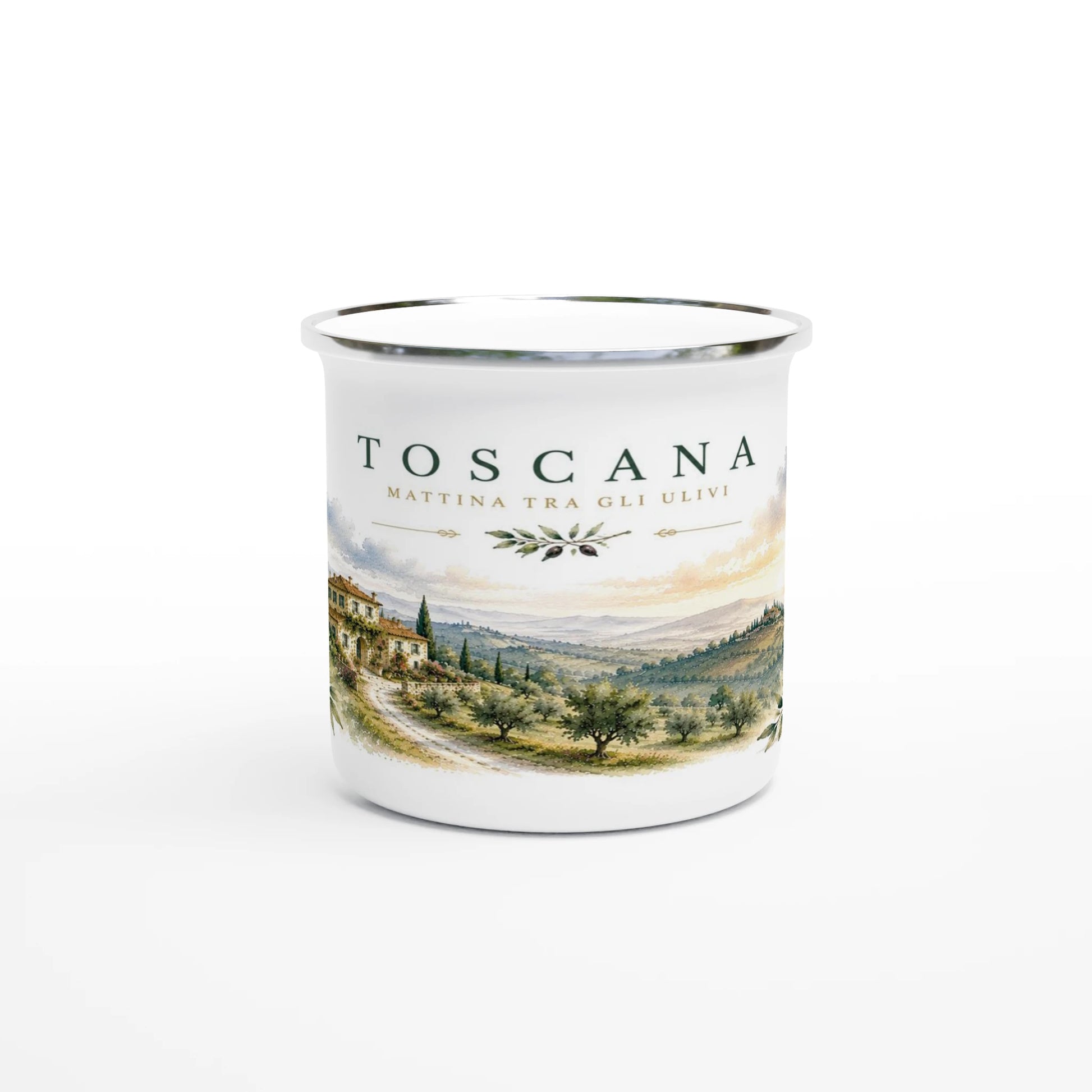 Weißer Emaille-Becher mit Toskana Aquarellmotiv und Olivenhain