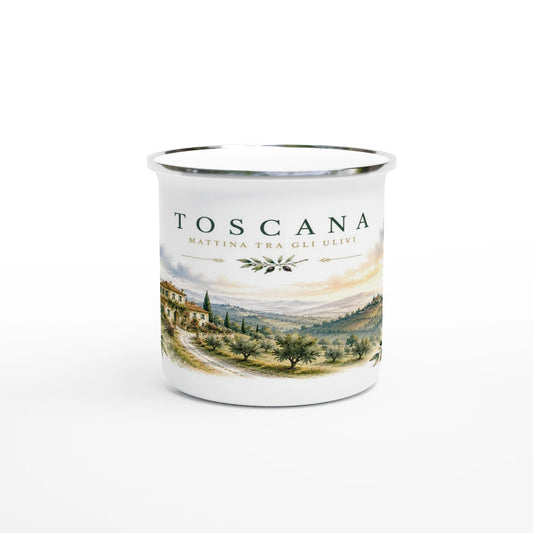 Weißer Emaille-Becher mit Toskana Aquarellmotiv und Olivenhain