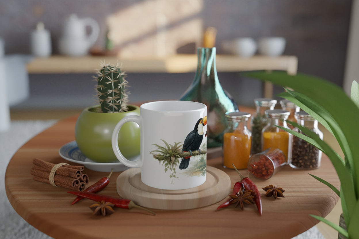 Weißer Kaffeebecher mit ruhiger Wildlife-Illustration und tropischer Naturatmosphäre