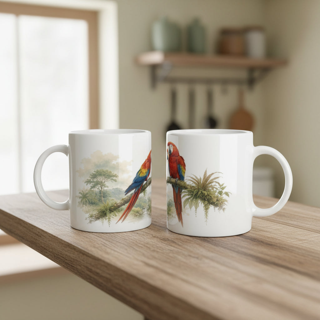 Zwei Papageien als Aquarellmotiv mit Pflanzen und hellem Hintergrund