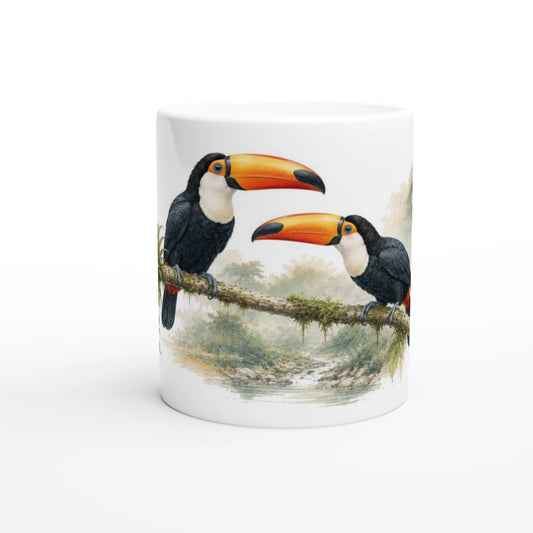 Zwei farbenprächtige Riesentukane auf einem Ast als feine Aquarellillustration auf einer weißen Keramiktasse