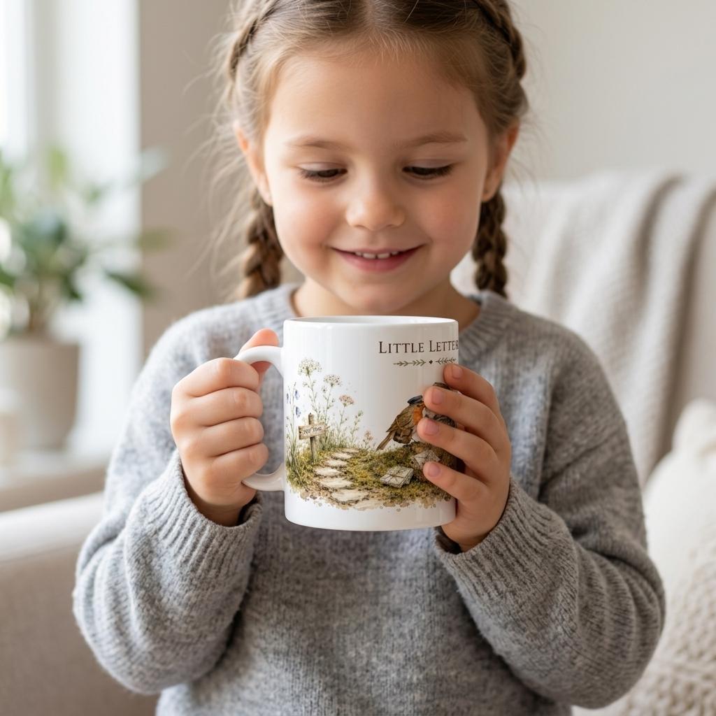 Umlaufendes Gartenmotiv auf einer Keramiktasse mit Rotkehlchen, Maus, Briefkasten, Blumen und kleinem Steinweg