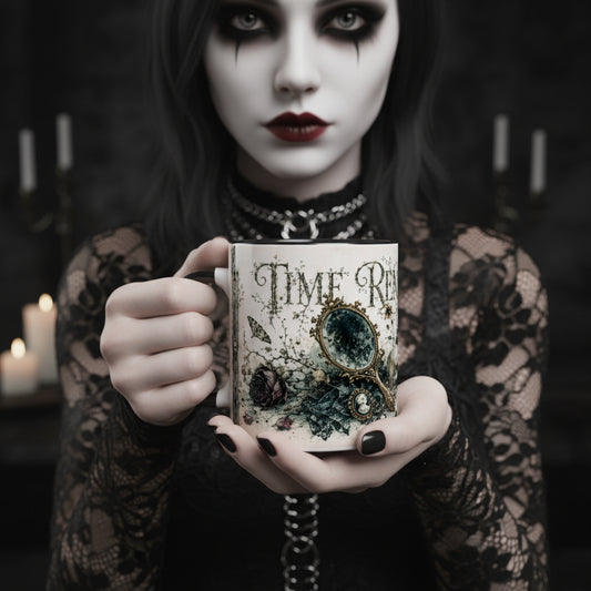 0,33-l-Keramiktasse mit dem Schriftzug Time Remembers All und detailreicher Gothic-Illustration