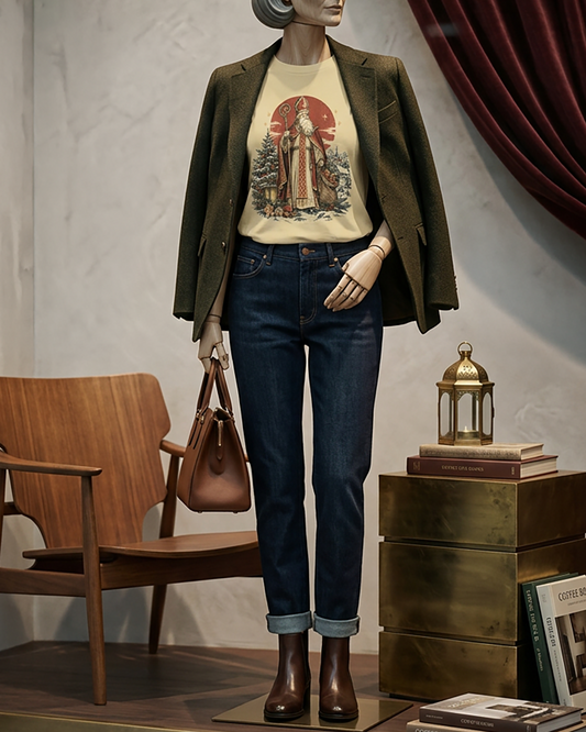 Premium Unisex T-Shirt in Weiche Creme mit traditionellem Nikolaus-Motiv, Bischofskleidung und nostalgischer Illustration für Advent und Weihnachten