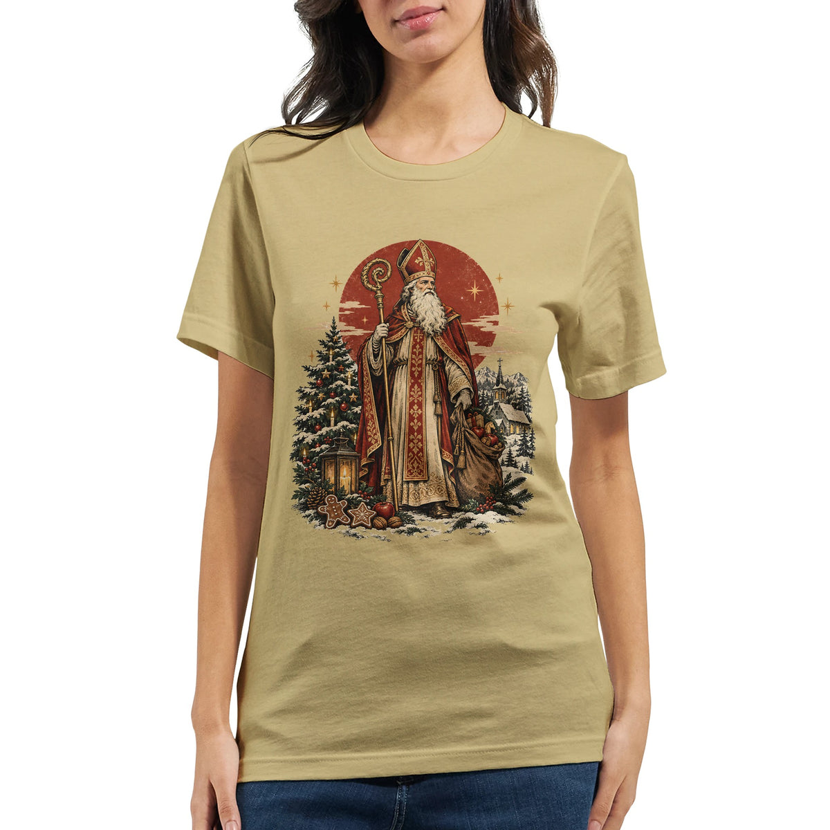 Premium Unisex T-Shirt in Weiche Creme mit traditionellem Nikolaus-Motiv, Bischofskleidung und nostalgischer Illustration für Advent und Weihnachten