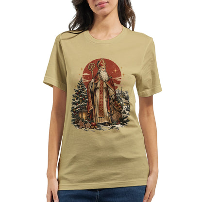 Premium Unisex T-Shirt in Weiche Creme mit traditionellem Nikolaus-Motiv, Bischofskleidung und nostalgischer Illustration für Advent und Weihnachten