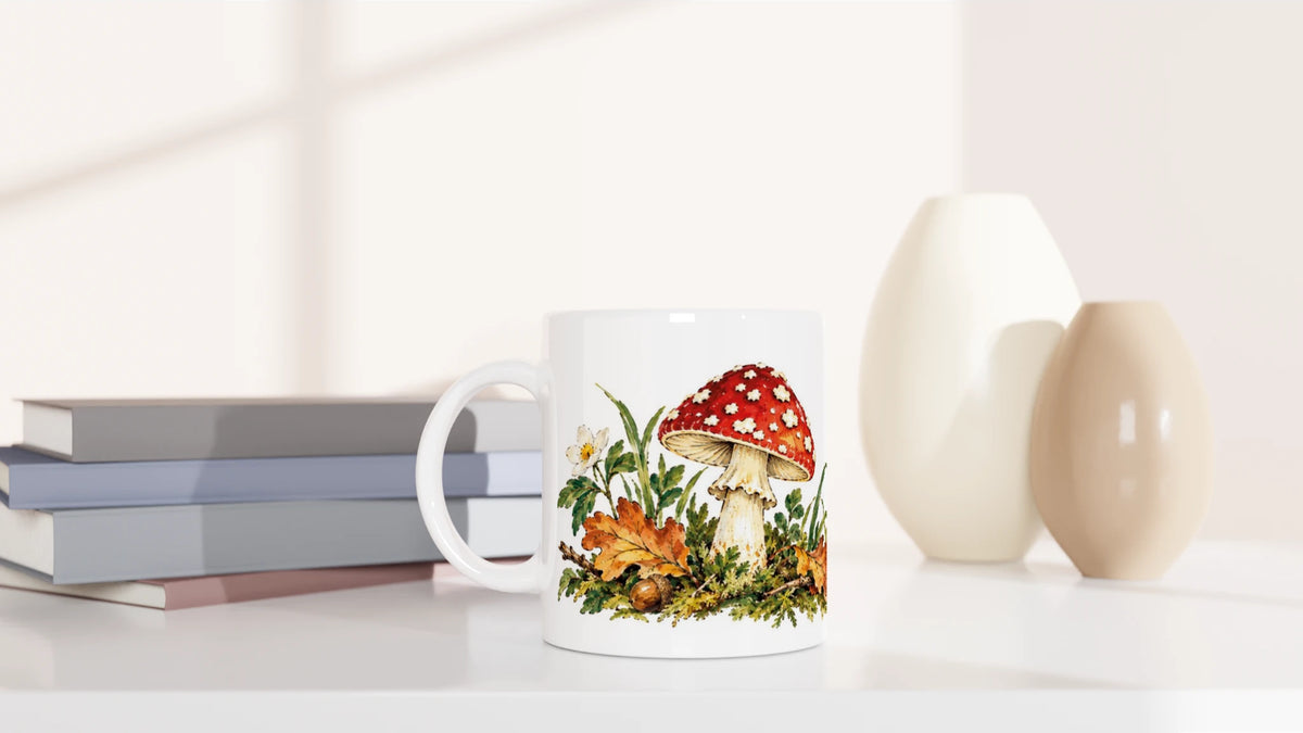 Detailansicht einer herbstlich-botanischen Waldszene mit Fliegenpilz, Schnecke, Eichenblättern, Eichel, Beeren und kleinen Blüten.
