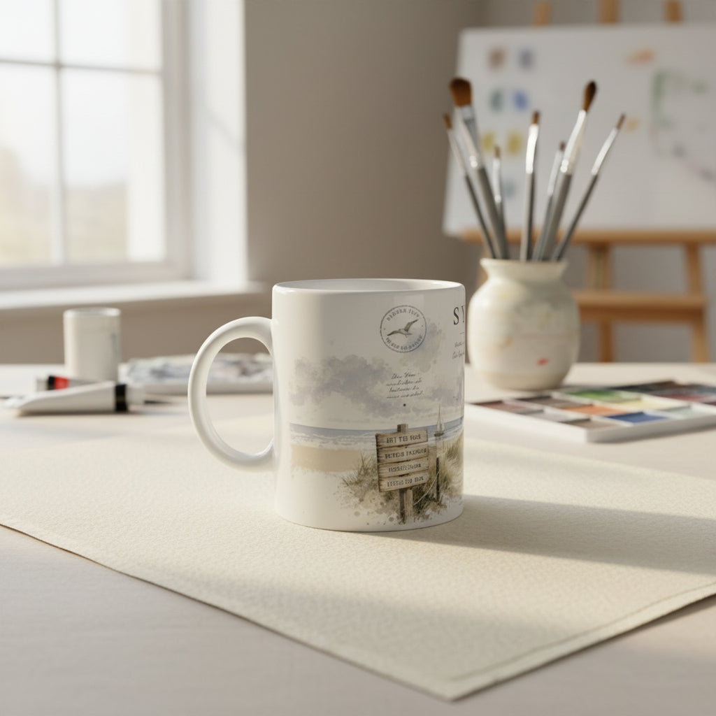 Weiße Sylt Tasse 330 ml mit Leuchtturm Aquarellmotiv, Dünen und Nordsee Landschaft als maritime Keramiktasse