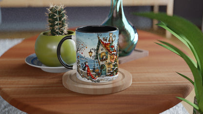 Weiße 330-ml-Tasse mit schwarzer Innenseite und umlaufender Weihnachtsillustration aus Katzen, Schnee, Häusern, Lichtern und Weihnachtsbaum